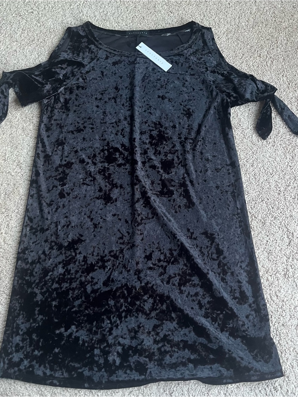 Sanctuary Black Crushed Velvet Cold-Shoulder Tie-Sleeve Tunic